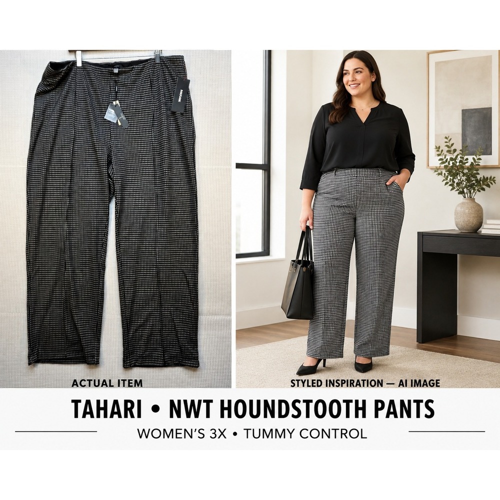 Tahari Tummy Control Pants 3XL NWT Houndstooth Wide Leg Trousers Plus Size